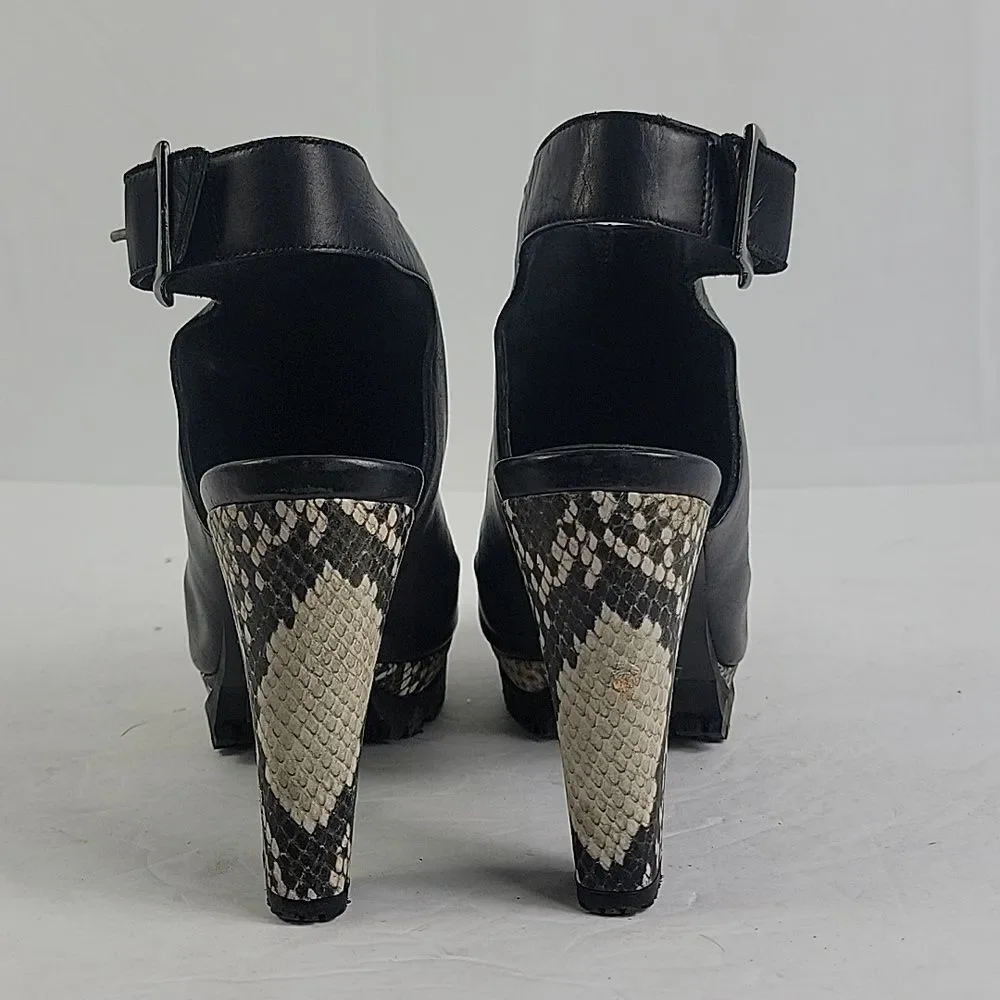 AllSaints Sarris Black White Snakeprint Platform Slingback Booties